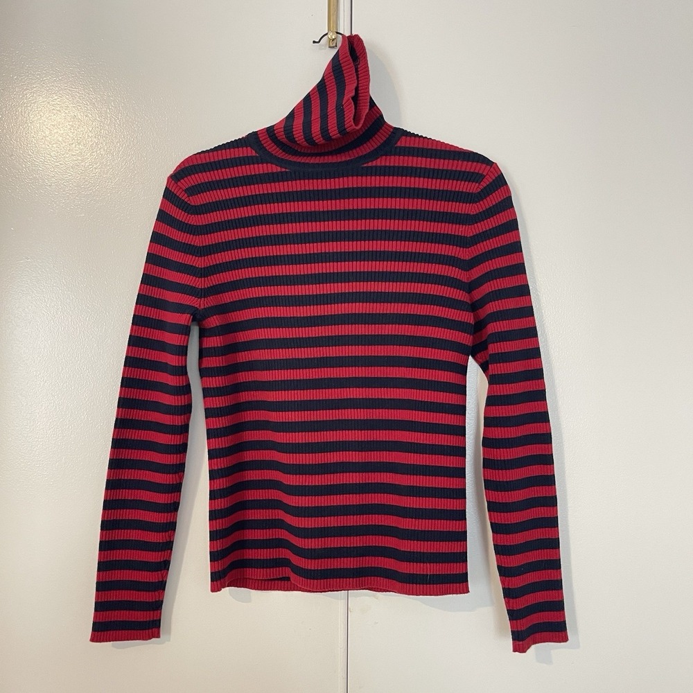 Lauren Ralph Lauren Women's M Preppy‎ Red Navy Blue Striped Turtleneck Top